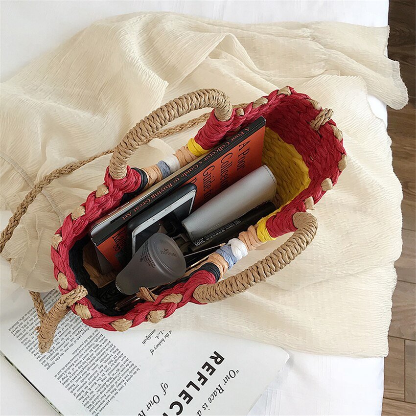 Straw Tote Bag with Woven Detail