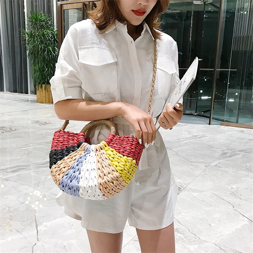 Straw Tote Bag with Woven Detail