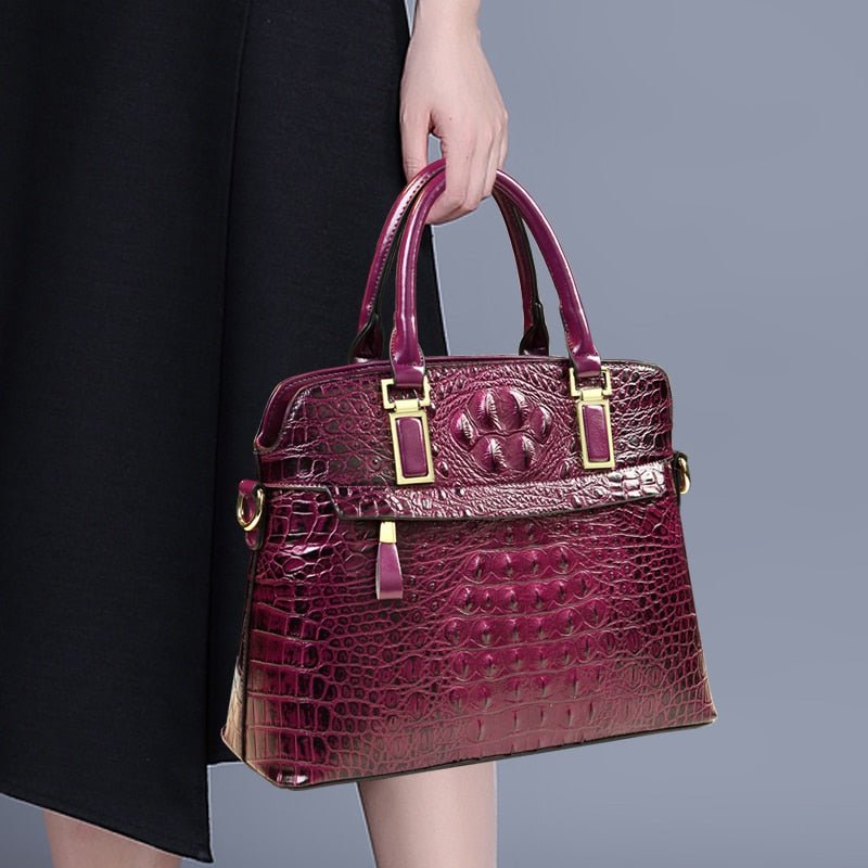 Genuine Leather Tote Bag with Croc-Effect Detail