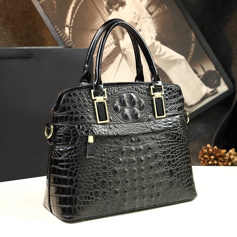 Genuine Leather Tote Bag with Croc-Effect Detail