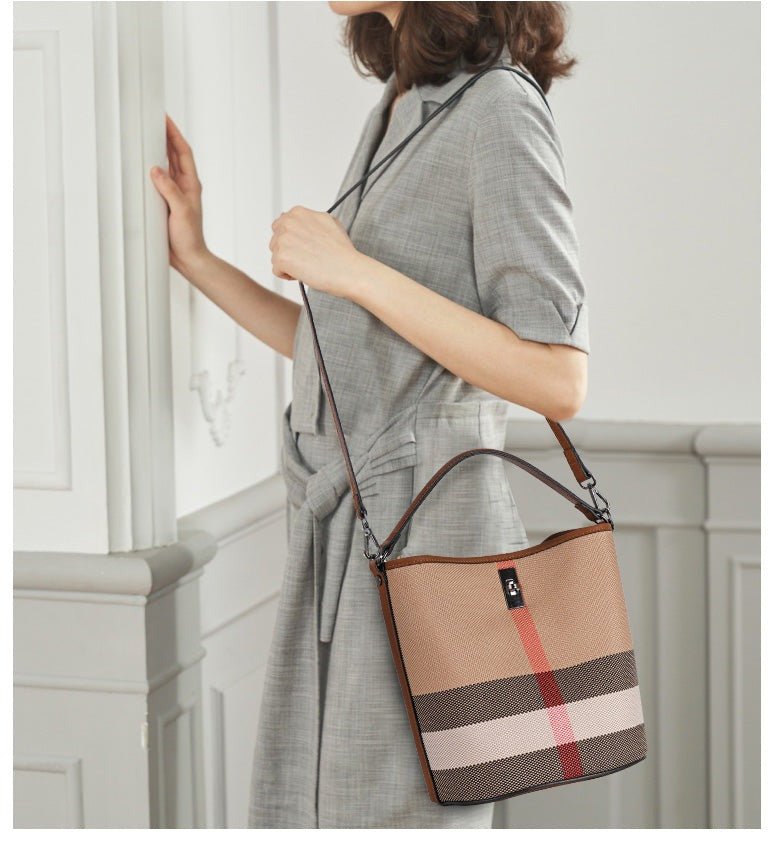 Genuine Leather Bucket Bag with Plaid Detail