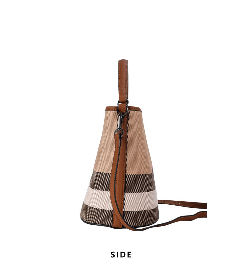 Genuine Leather Bucket Bag with Plaid Detail