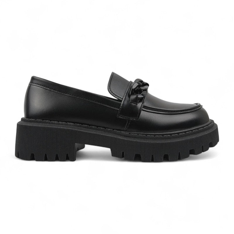 Understated Matte Black Wedge Loafers with Chain Detail