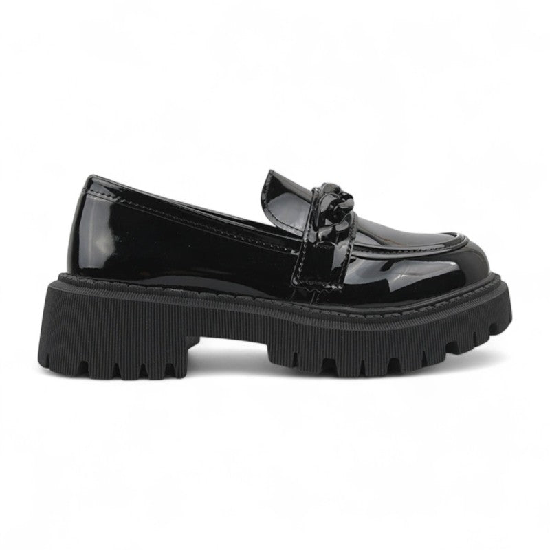 Polished Black Patent Wedge Loafers with Chain Detail