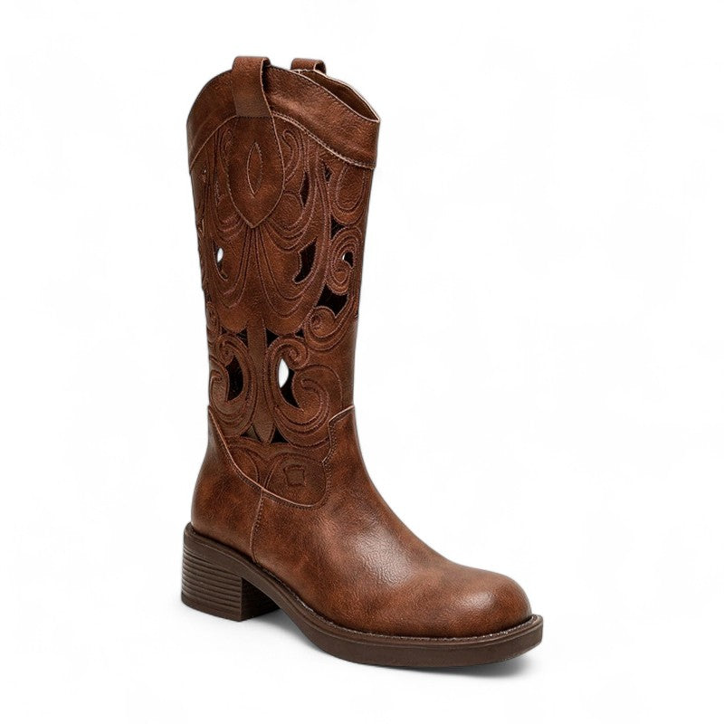 Bold Cutout Brown Mid-Calf Western Boots