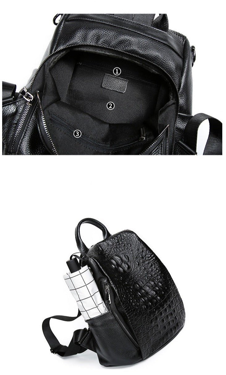 Croc-Effect Genuine Leather Backpack