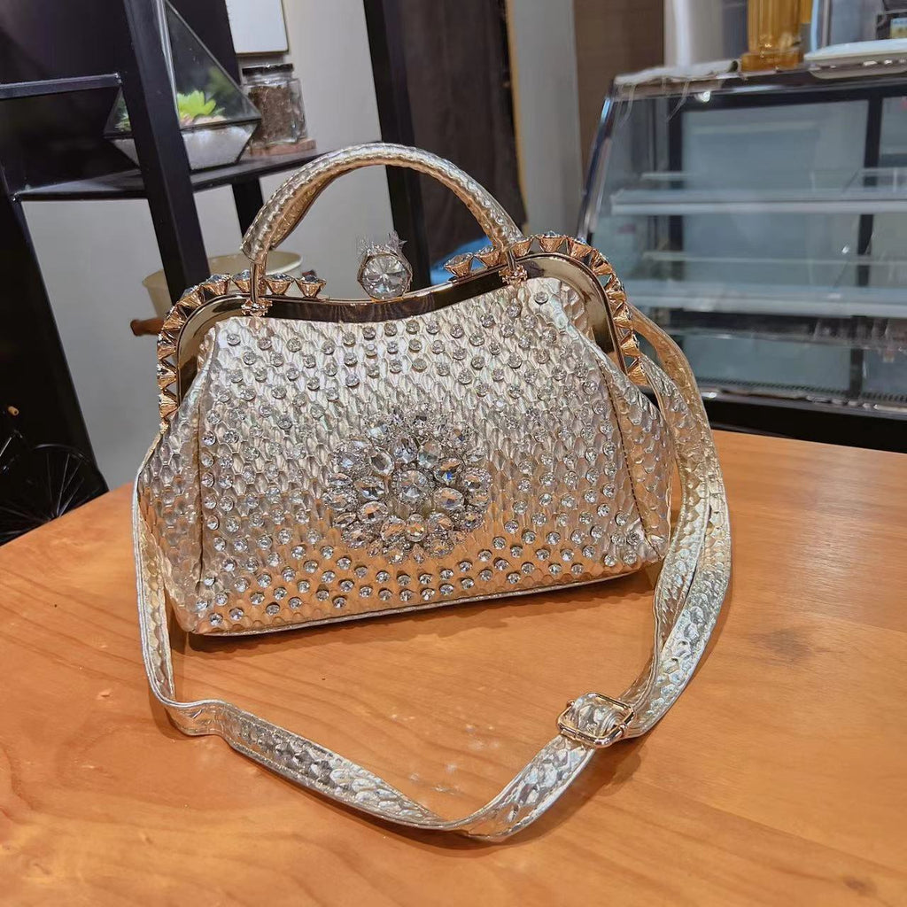 Diamond-Embellished Genuine Leather Messenger Bag