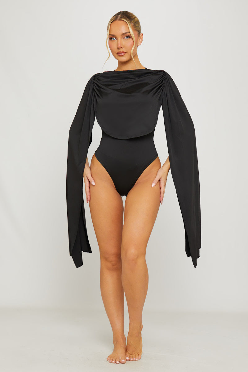 Shoulder Draped Ruched Bodysuit in Black