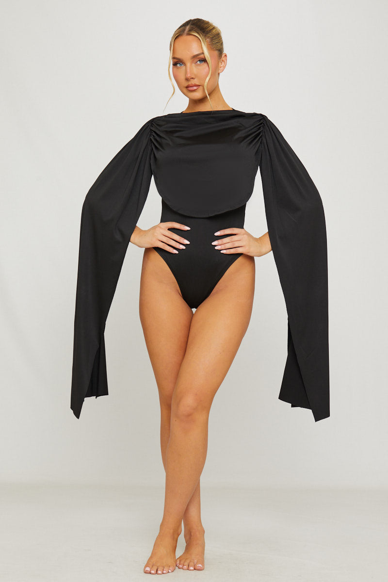 Shoulder Draped Ruched Bodysuit in Black