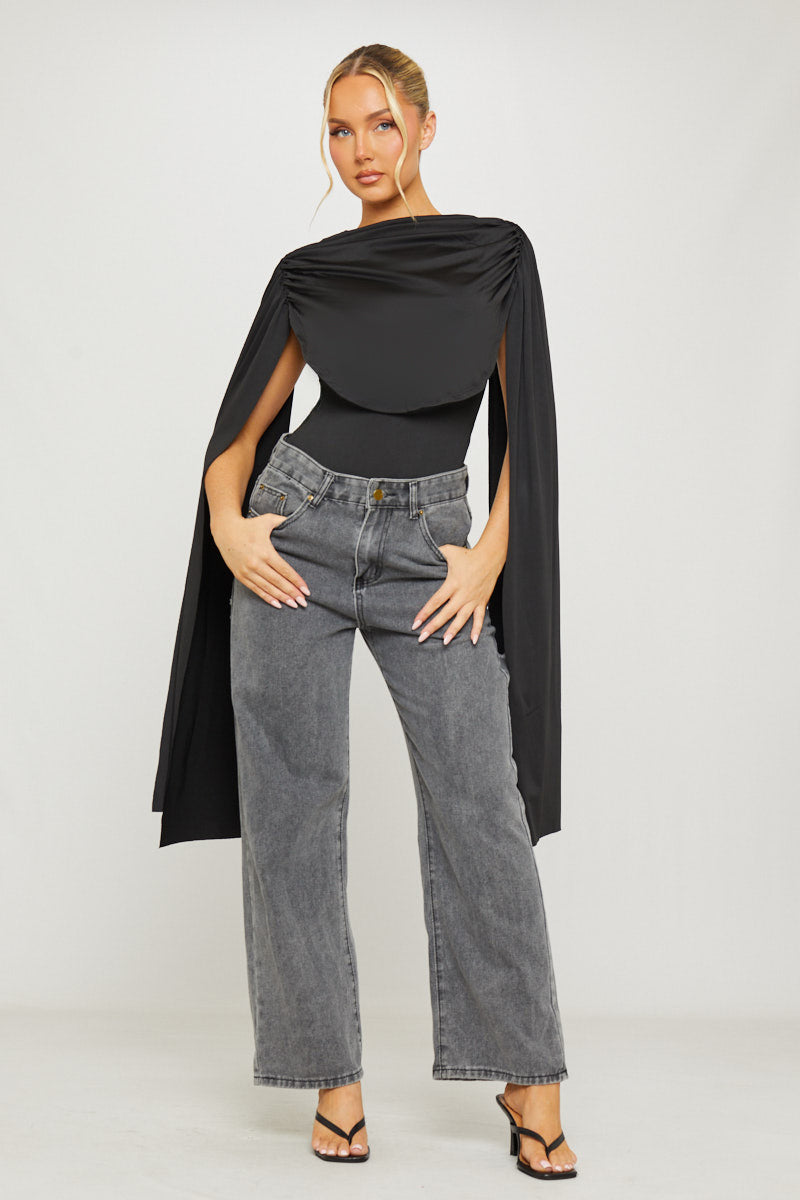 Shoulder Draped Ruched Bodysuit in Black