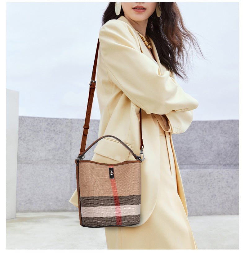 Genuine Leather Bucket Bag with Plaid Detail