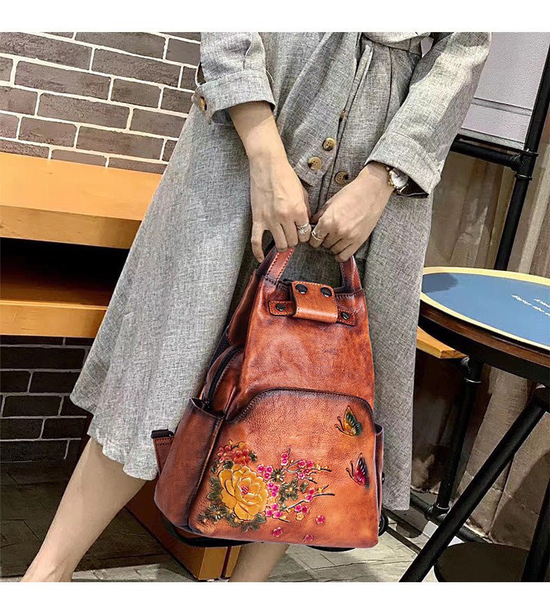 Genuine Leather Backpack with Sculpted Detail