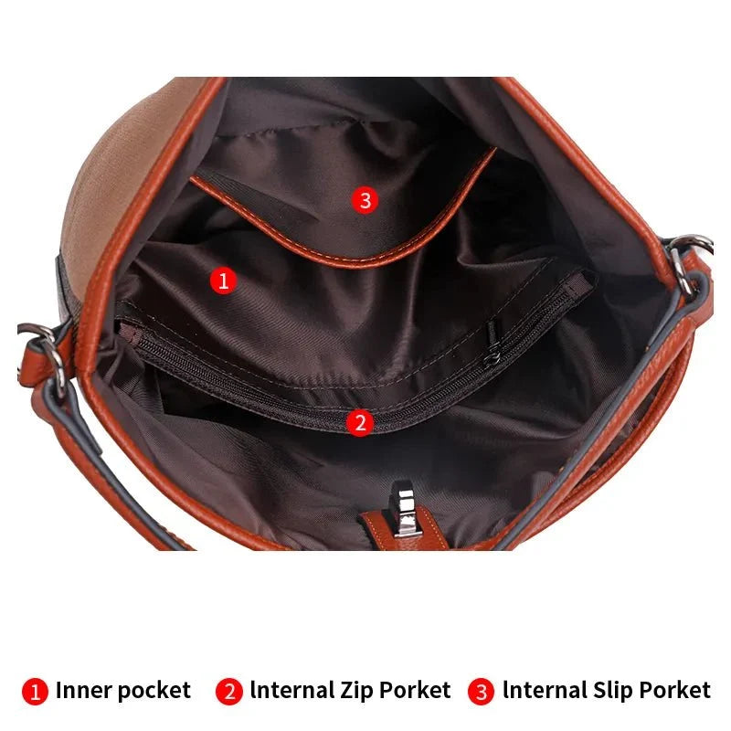 Genuine Leather Bucket Bag with Plaid Detail
