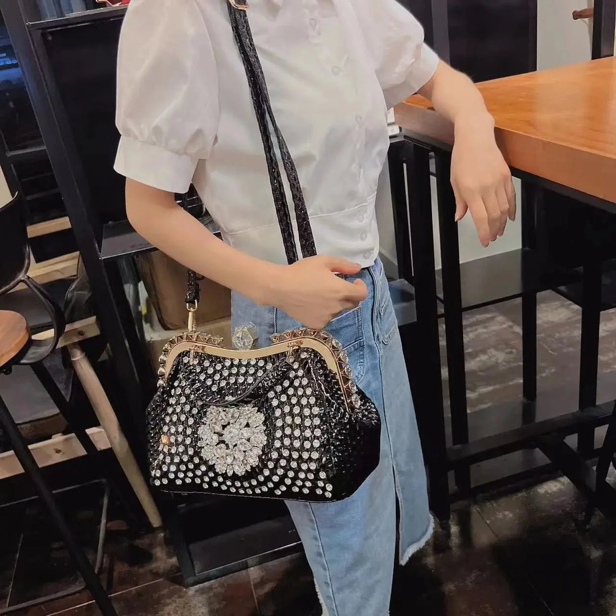 Diamond-Embellished Genuine Leather Messenger Bag