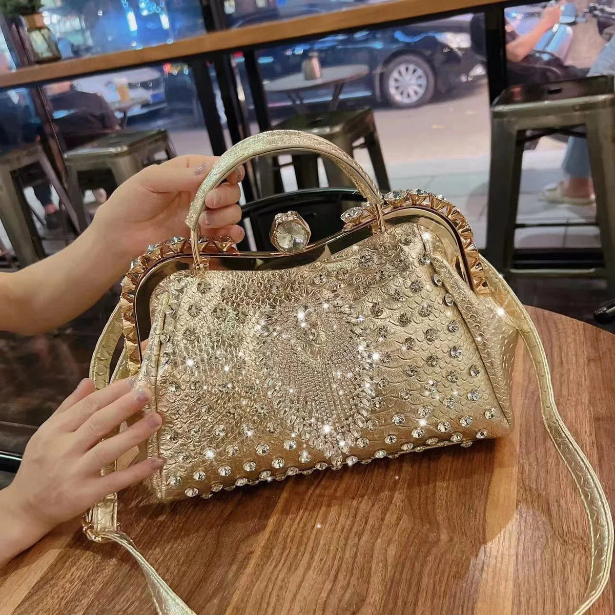 Diamond-Embellished Genuine Leather Messenger Bag