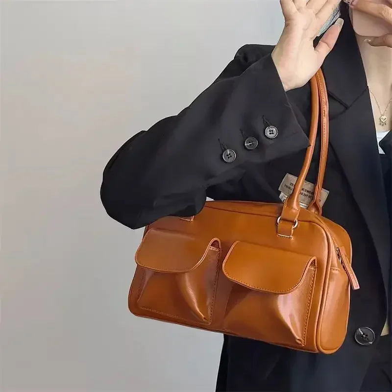 Refined Multi-Pocket Leather Shoulder Bag