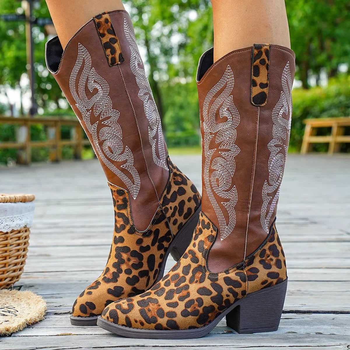 Statement Leopard-Print Embroidered Western Boots