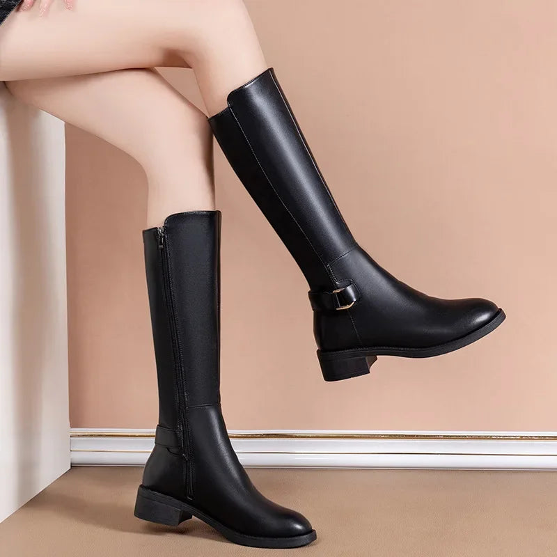 Statement Tall Black Boots with Metal Buckle
