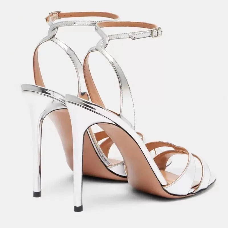 Signature Silver Stiletto Ankle-Strap Sandals