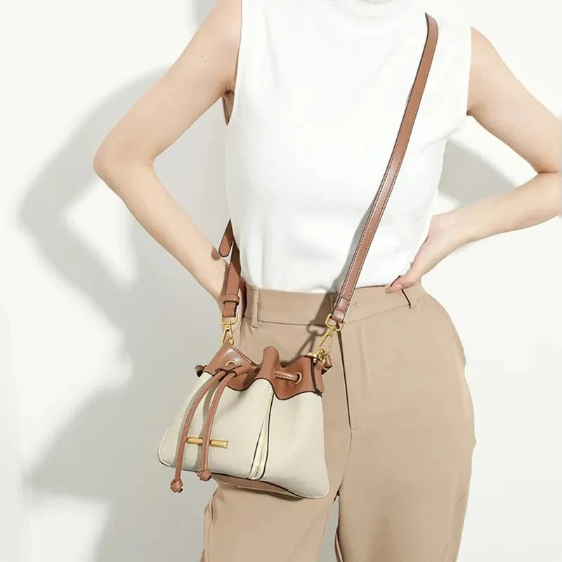Genuine Leather Bucket Bag with Signature Detail