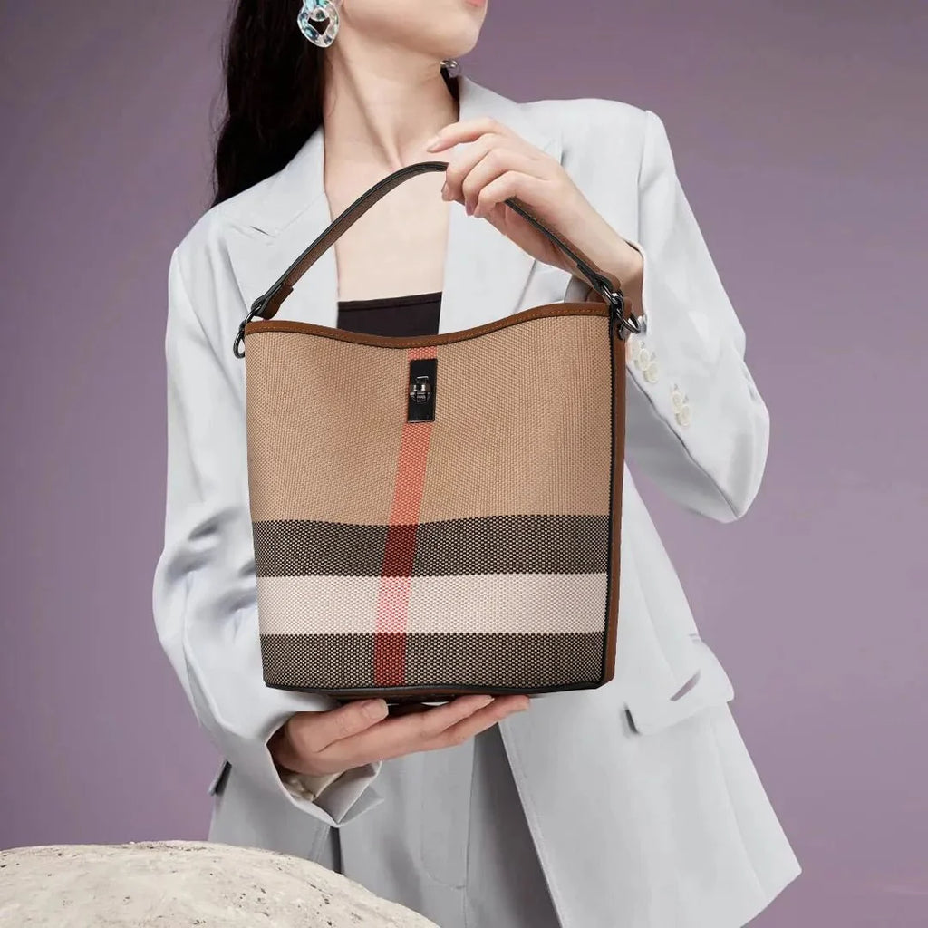 Genuine Leather Bucket Bag with Plaid Detail