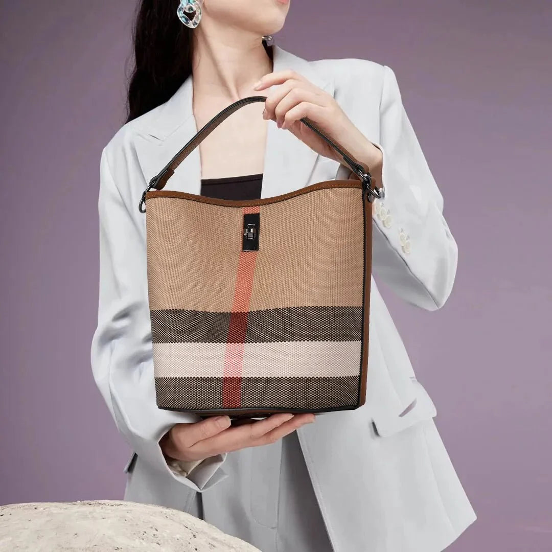 Genuine Leather Bucket Bag with Plaid Detail