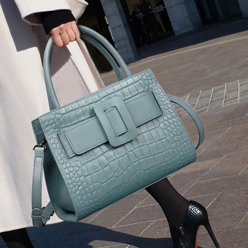 Genuine Leather Messenger Bag with Croc-Effect Detail