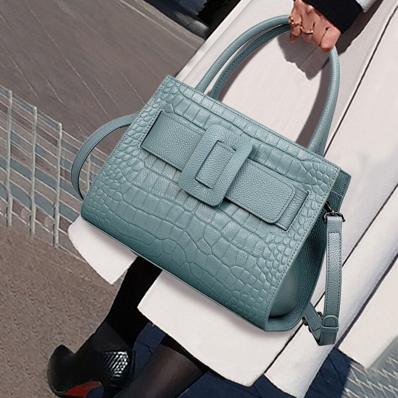Genuine Leather Messenger Bag with Croc-Effect Detail