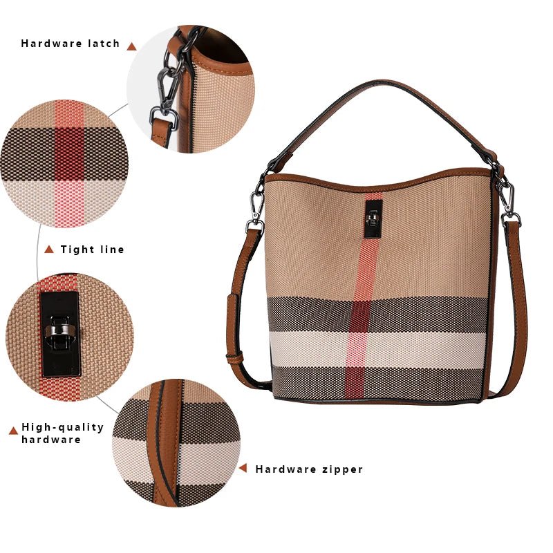 Genuine Leather Bucket Bag with Plaid Detail
