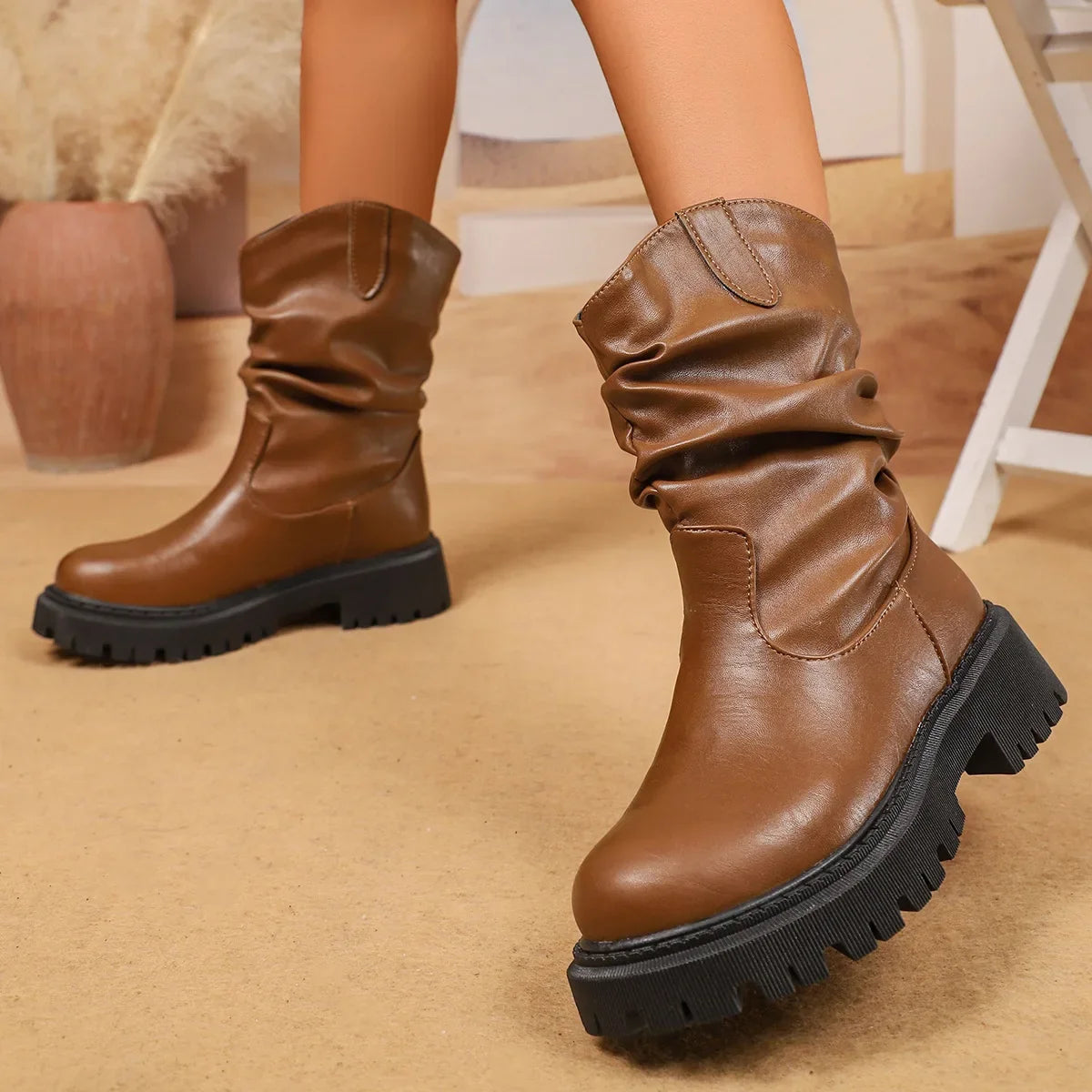 Modern Smooth Leather Booties with Chunky Sole