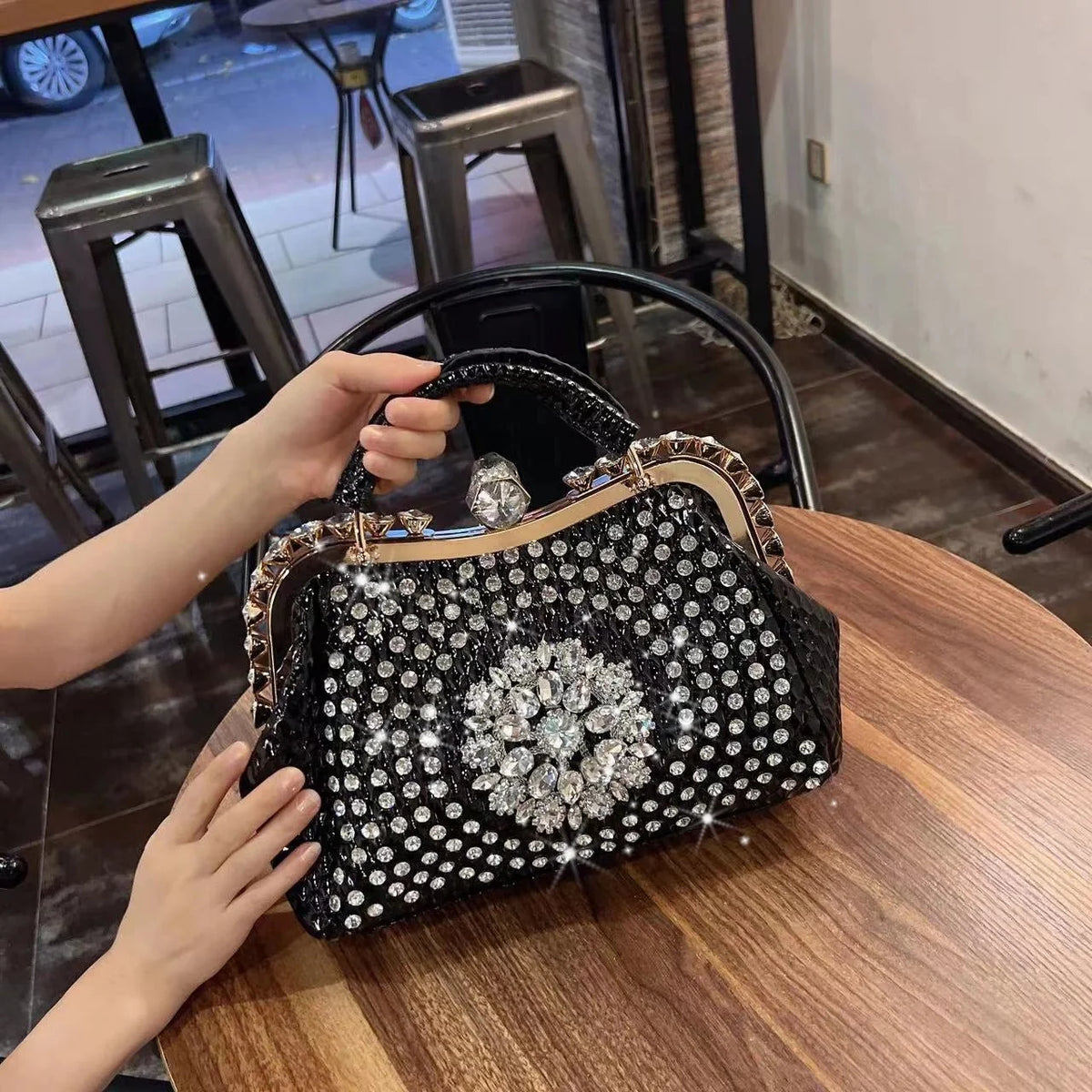Diamond-Embellished Genuine Leather Messenger Bag