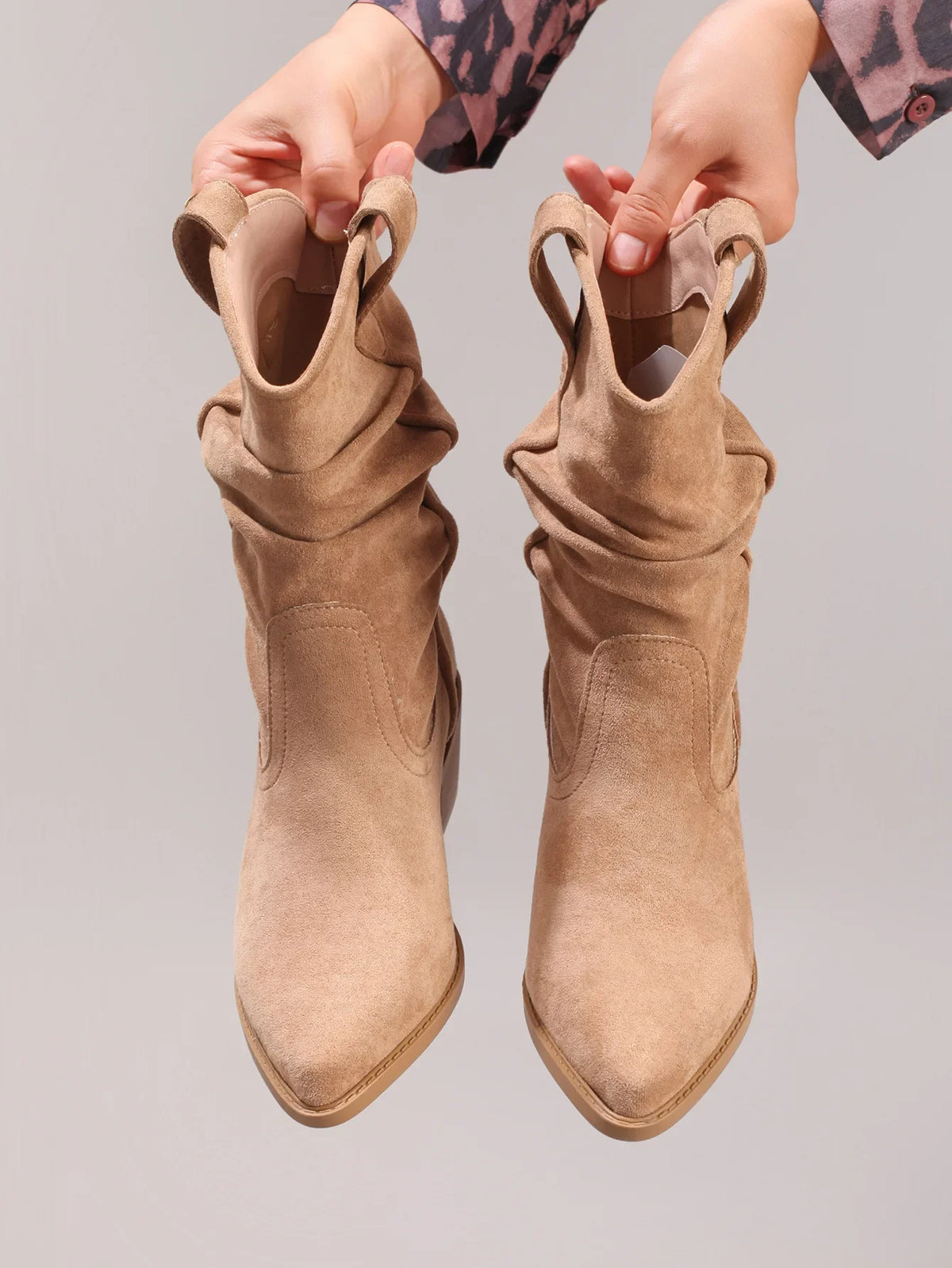 Free-Spirited Crinkled Suede Western Ankle Boots