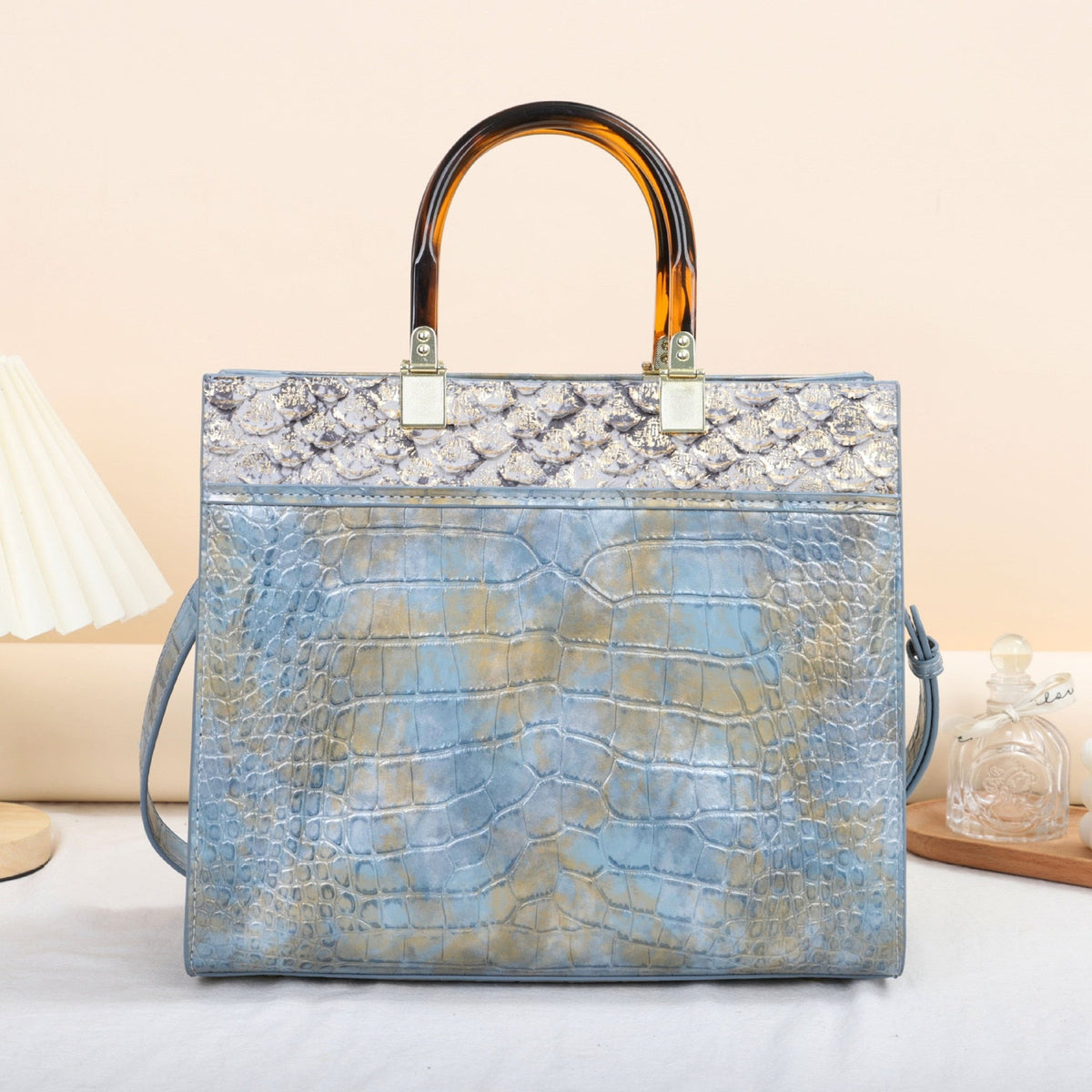 Croc-Effect Messenger Bag in Genuine Leather