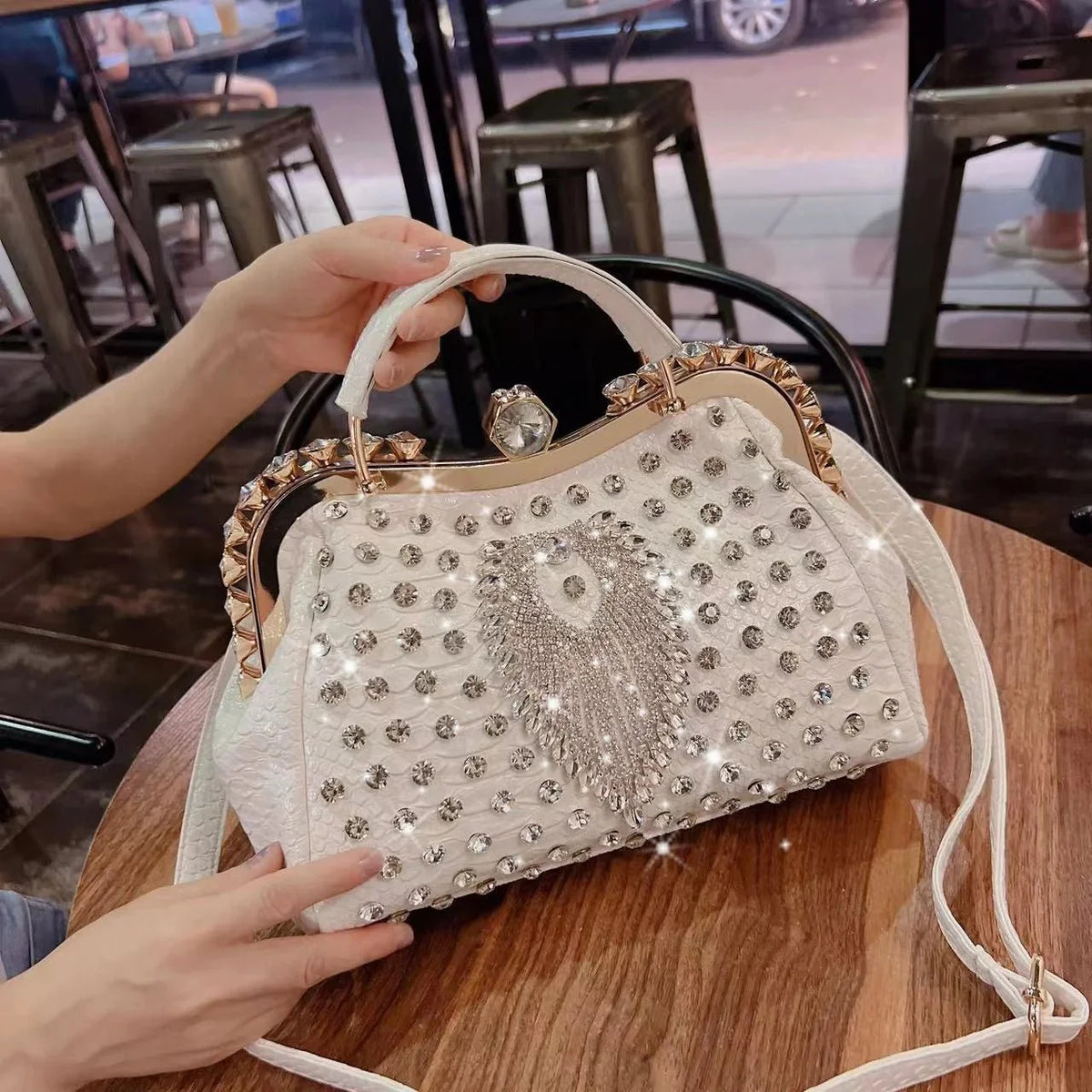 Diamond-Embellished Genuine Leather Messenger Bag