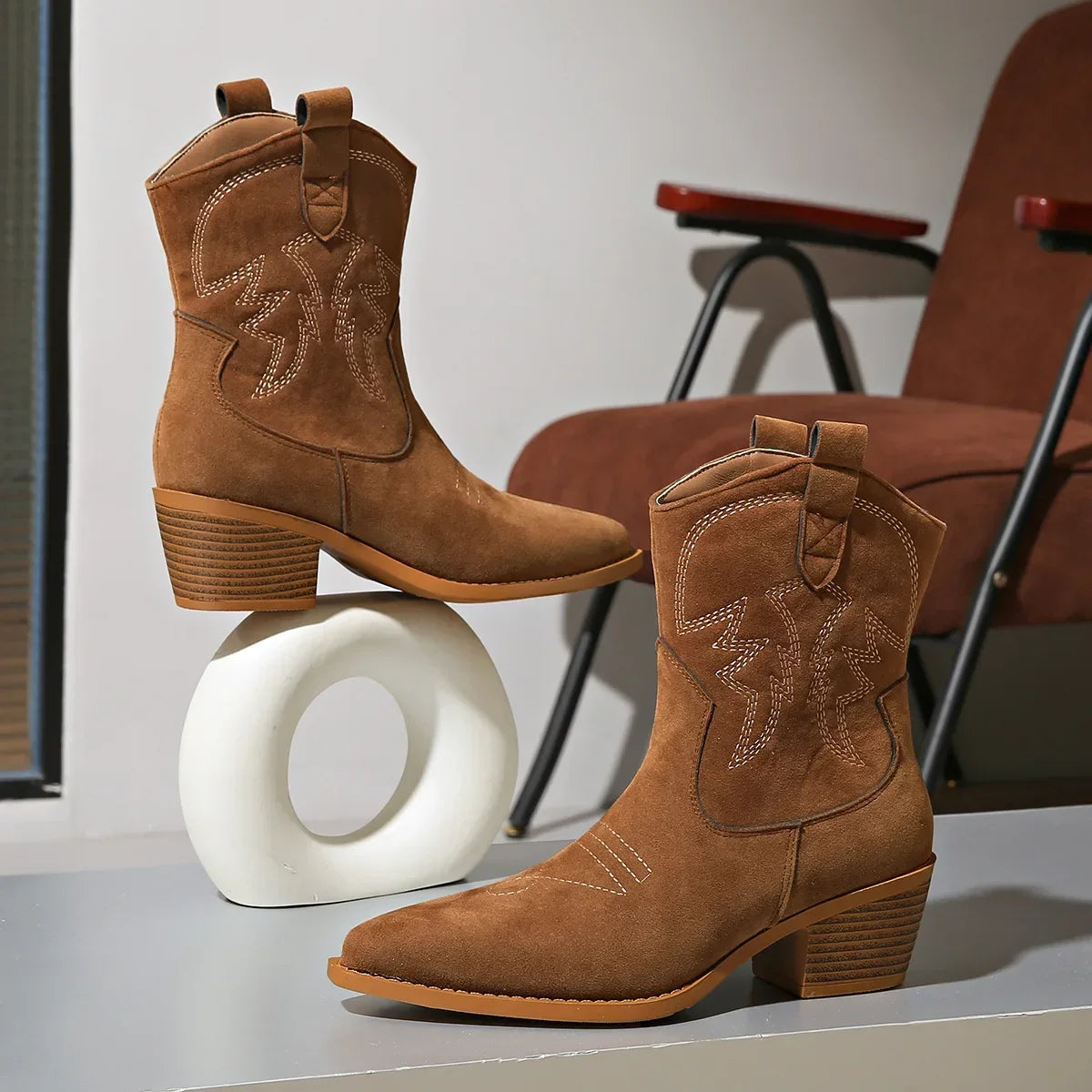 Heritage-Inspired Embroidered Suede Western Boots