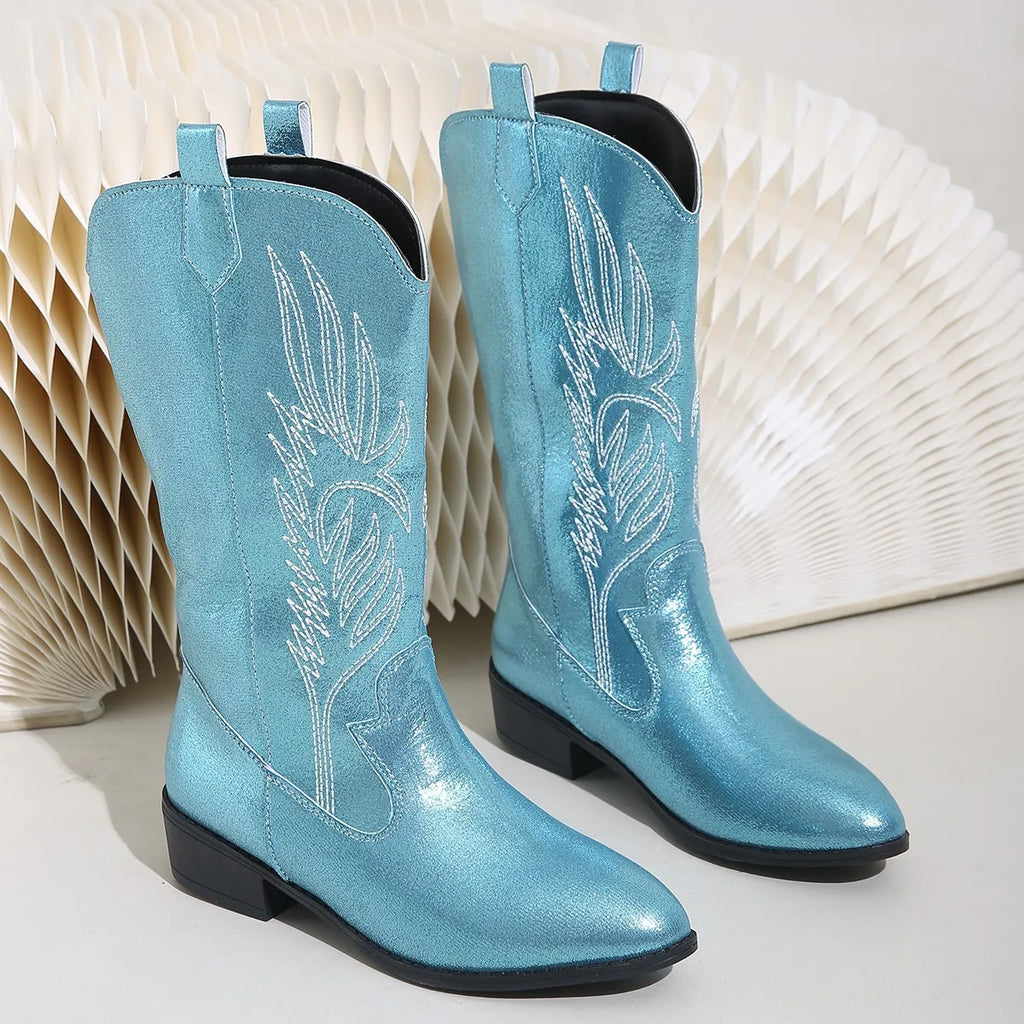 Polished Xylia Glossy Mid-Calf Heeled Western Boots