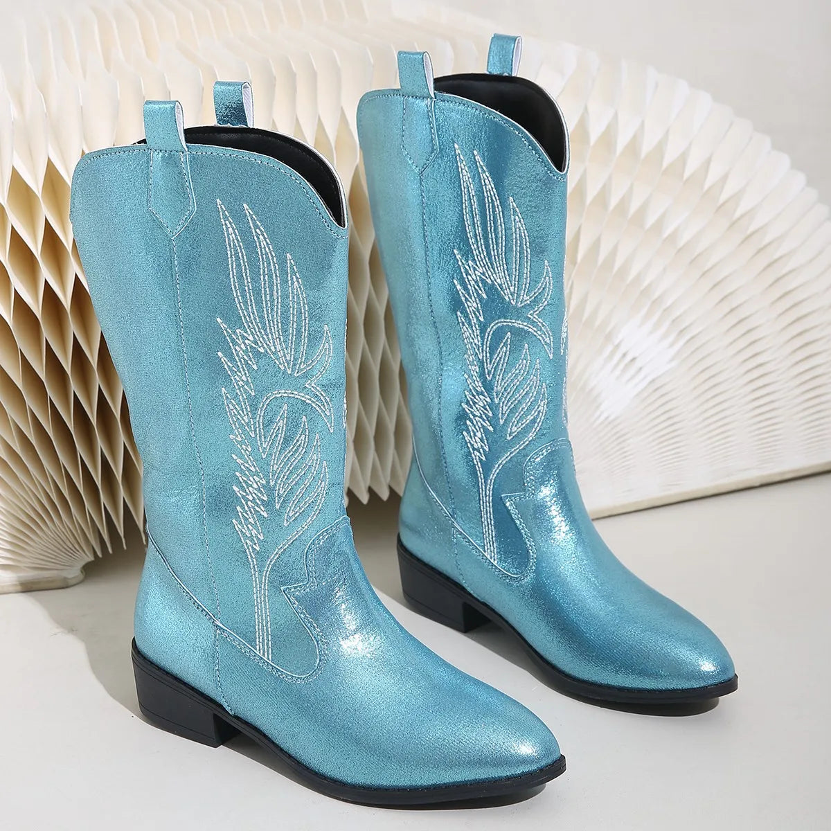 Polished Xylia Glossy Mid-Calf Heeled Western Boots