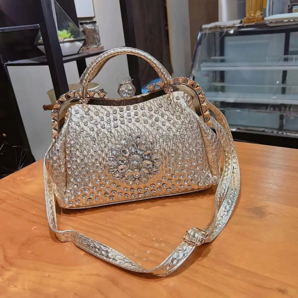 Diamond-Embellished Genuine Leather Messenger Bag