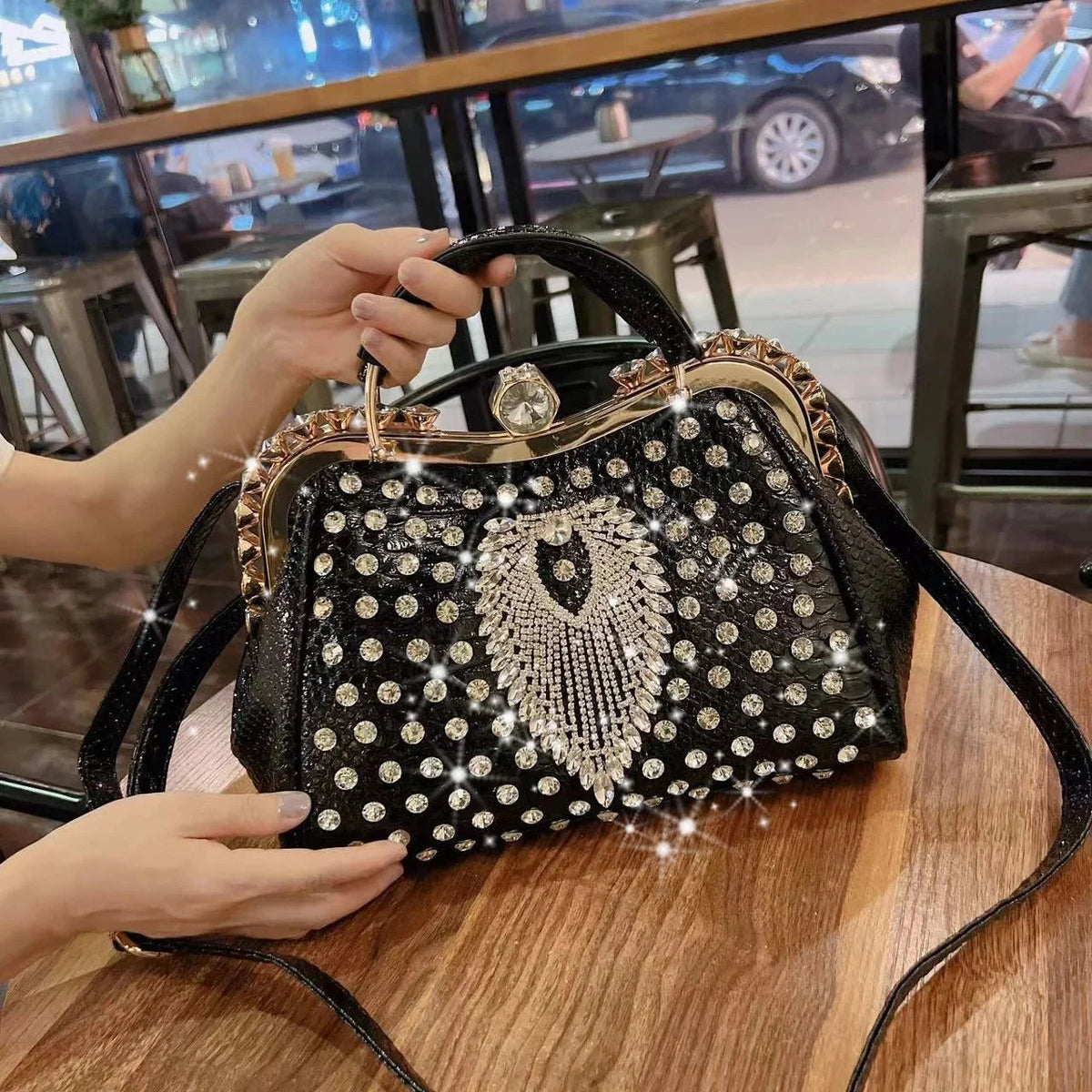 Diamond-Embellished Genuine Leather Messenger Bag