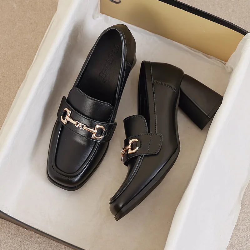 City-Ready Elysia Block Heel Loafers in Smooth Leather