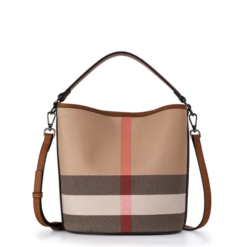 Genuine Leather Bucket Bag with Plaid Detail