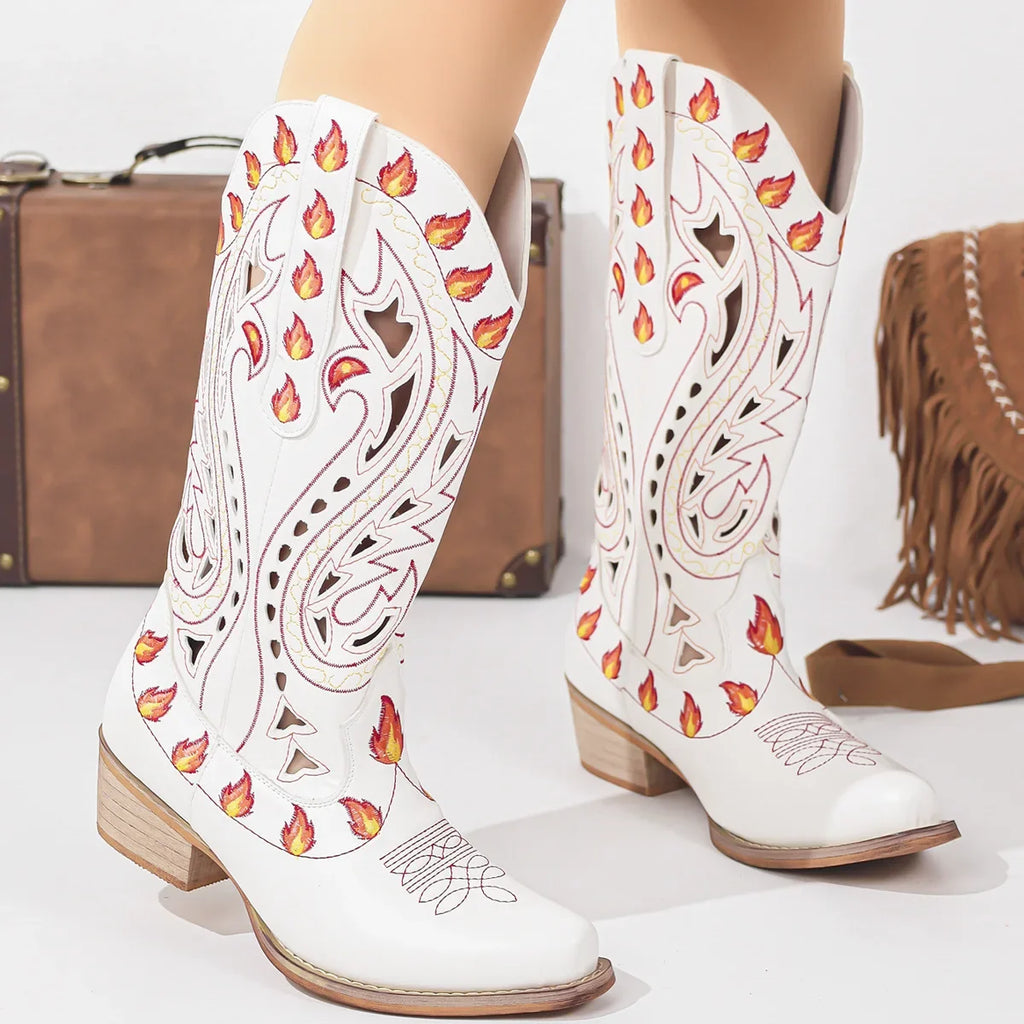 Bold Flame-Embroidered Western Ankle Boots