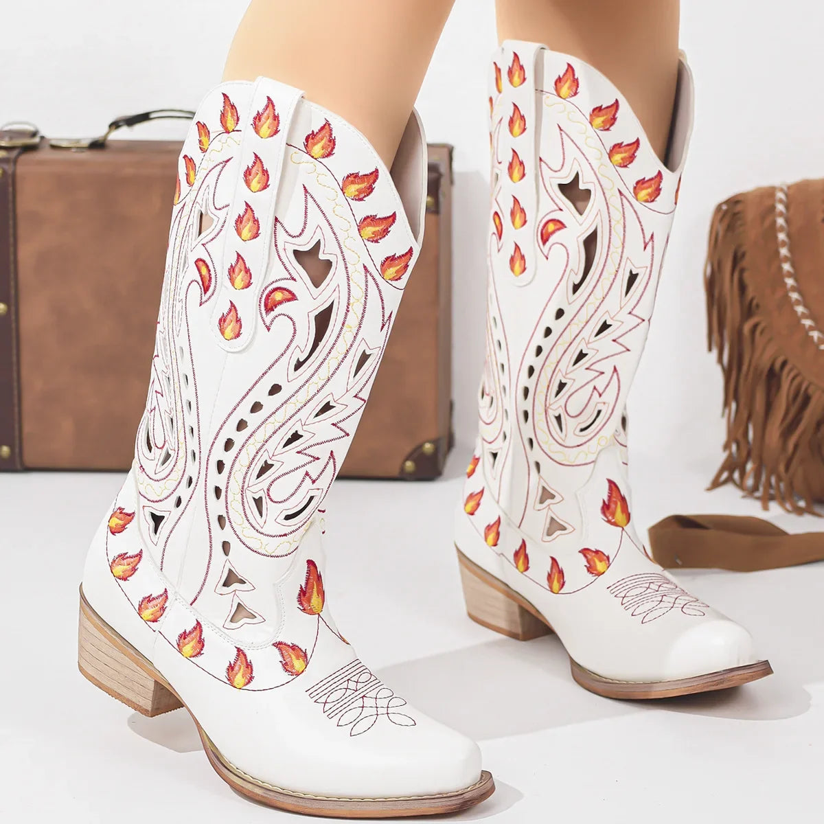 Bold Flame-Embroidered Western Ankle Boots