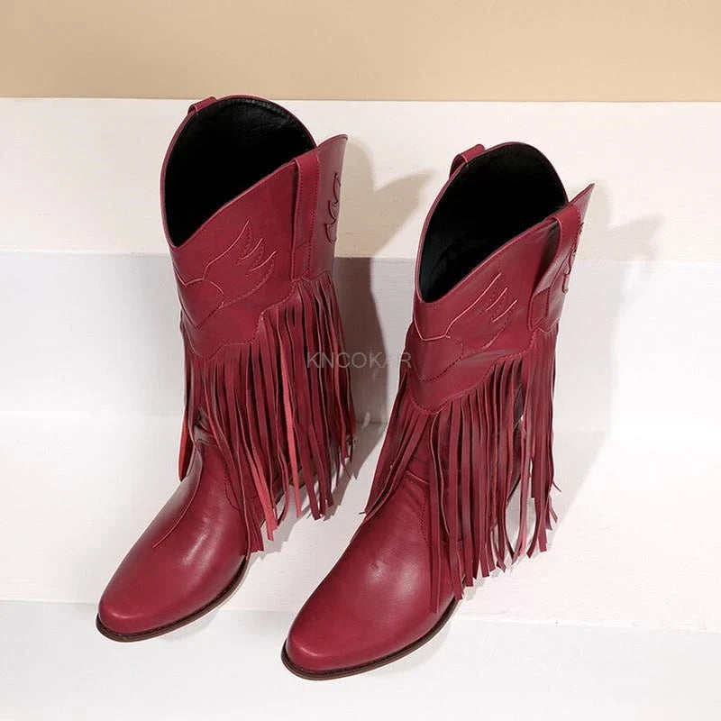 Rodeo-Ready Long-Fringe Suede Mid-Calf Western Boots