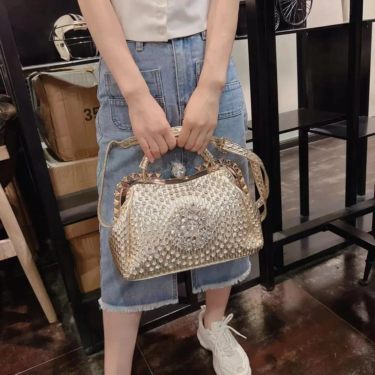 Diamond-Embellished Genuine Leather Messenger Bag
