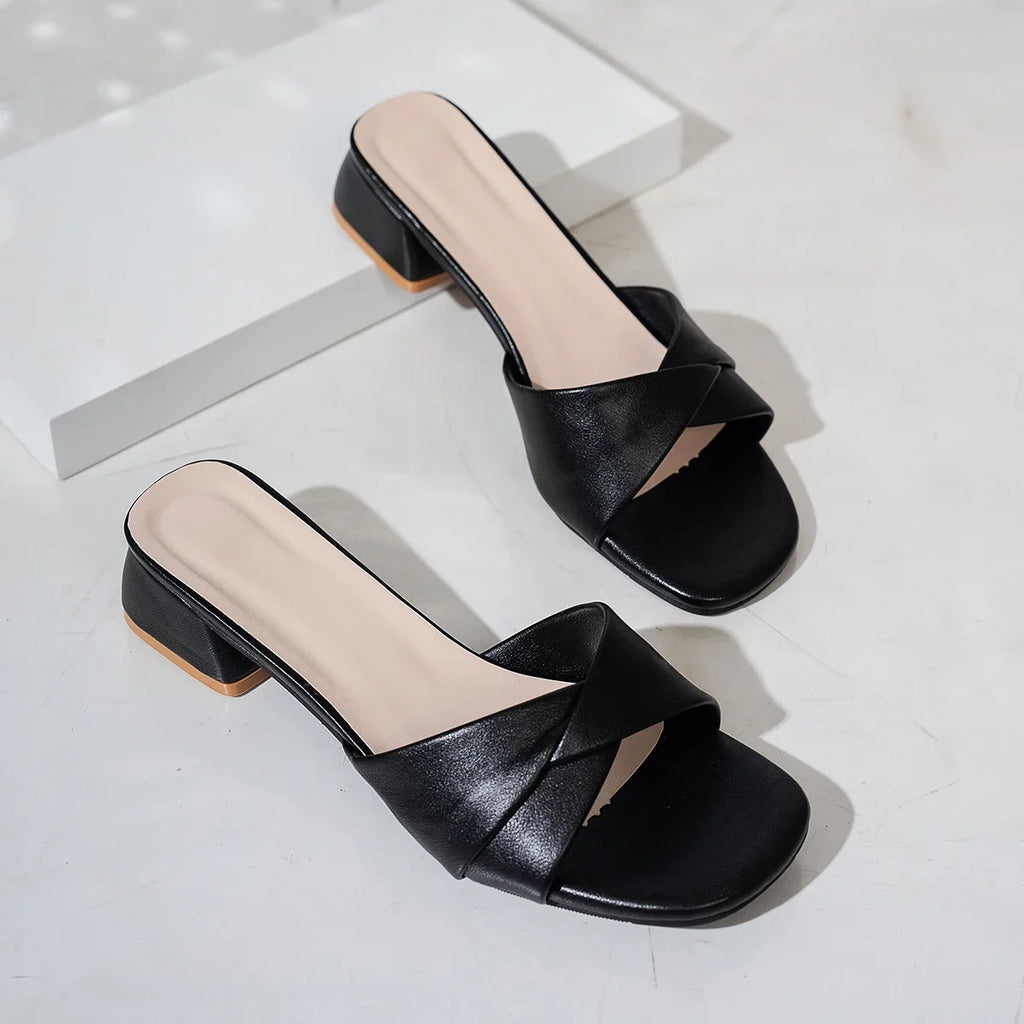 Sleek Fabienne Square-Heel Leather Mules