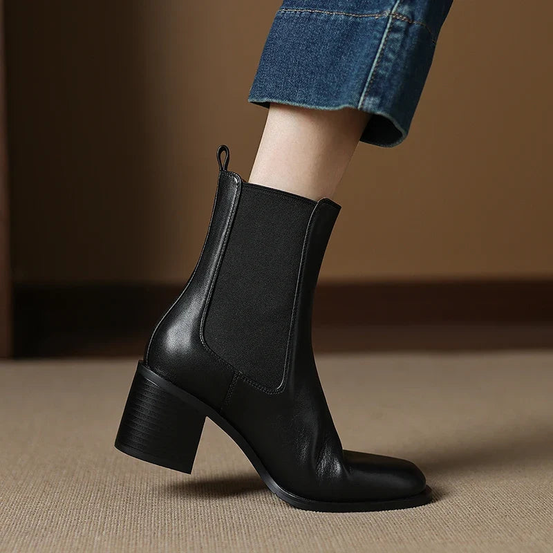 Sleek Imara Heeled Booties in Leather