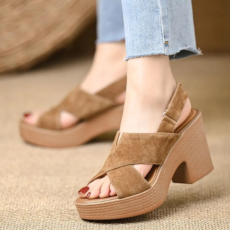 Polished Crossed-Strap Block-Heel Wedges