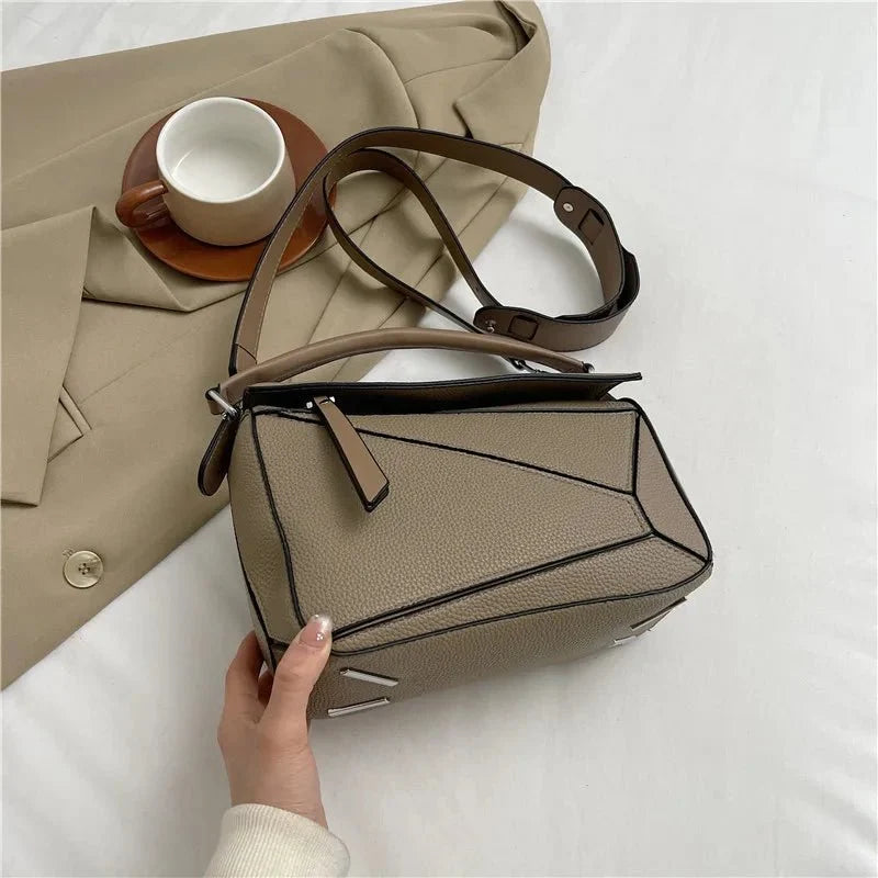 PU Leather Shoulder Bag with Geometric Detail