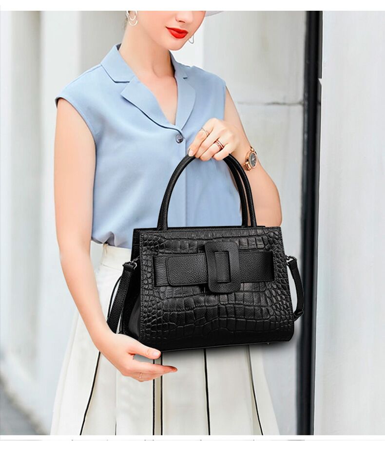 Genuine Leather Messenger Bag with Croc-Effect Detail